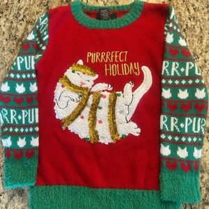 Kids Festive Cat Sweater - Red and Green Size Small